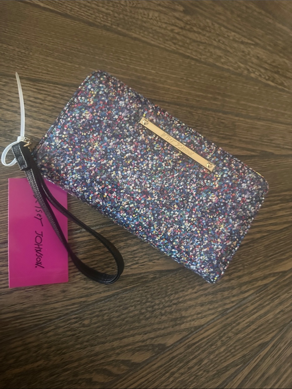 Betsey Johnson Purple Multi Glitter Wristlet Clutch with Gold Plate